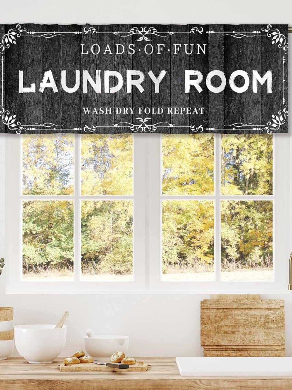 Black Wooden Farmhouse Laundry Room Curtain Valance for Window Treatments Vintag